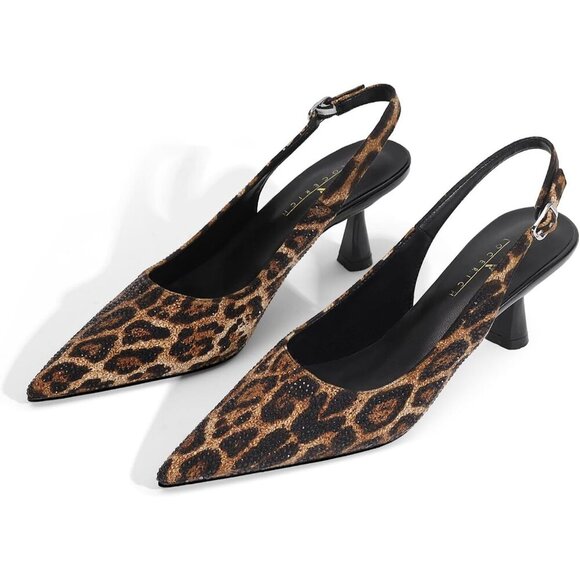 🆕Women's Leopard Faux Leather Kitten Heels Slingback Sparkly Dress Pumps Shoes - Picture 4 of 9